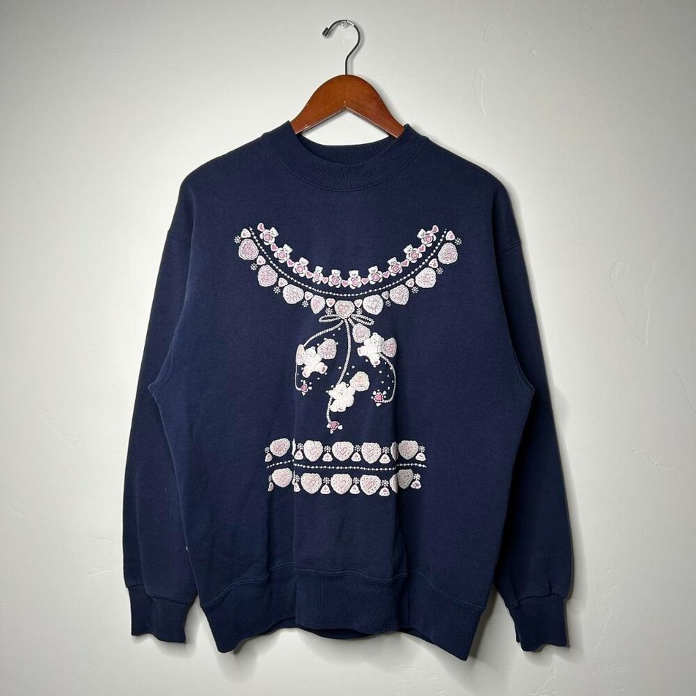 90’s vintage navy white and pink hearts and bear crew neck sweatshirt size large